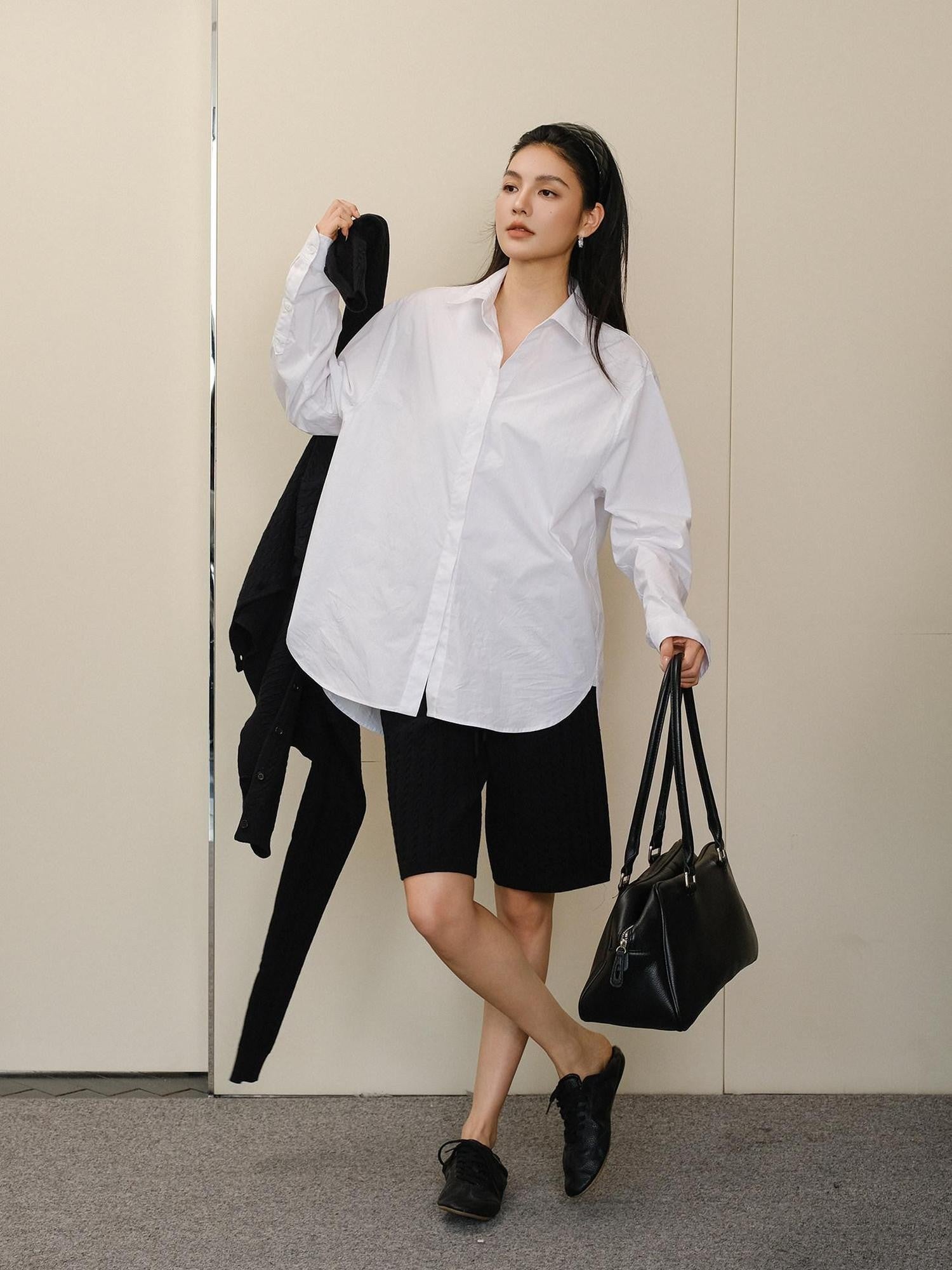 FU FRESH UP White Pleated Button Collar Loose Long Sleeve Women&