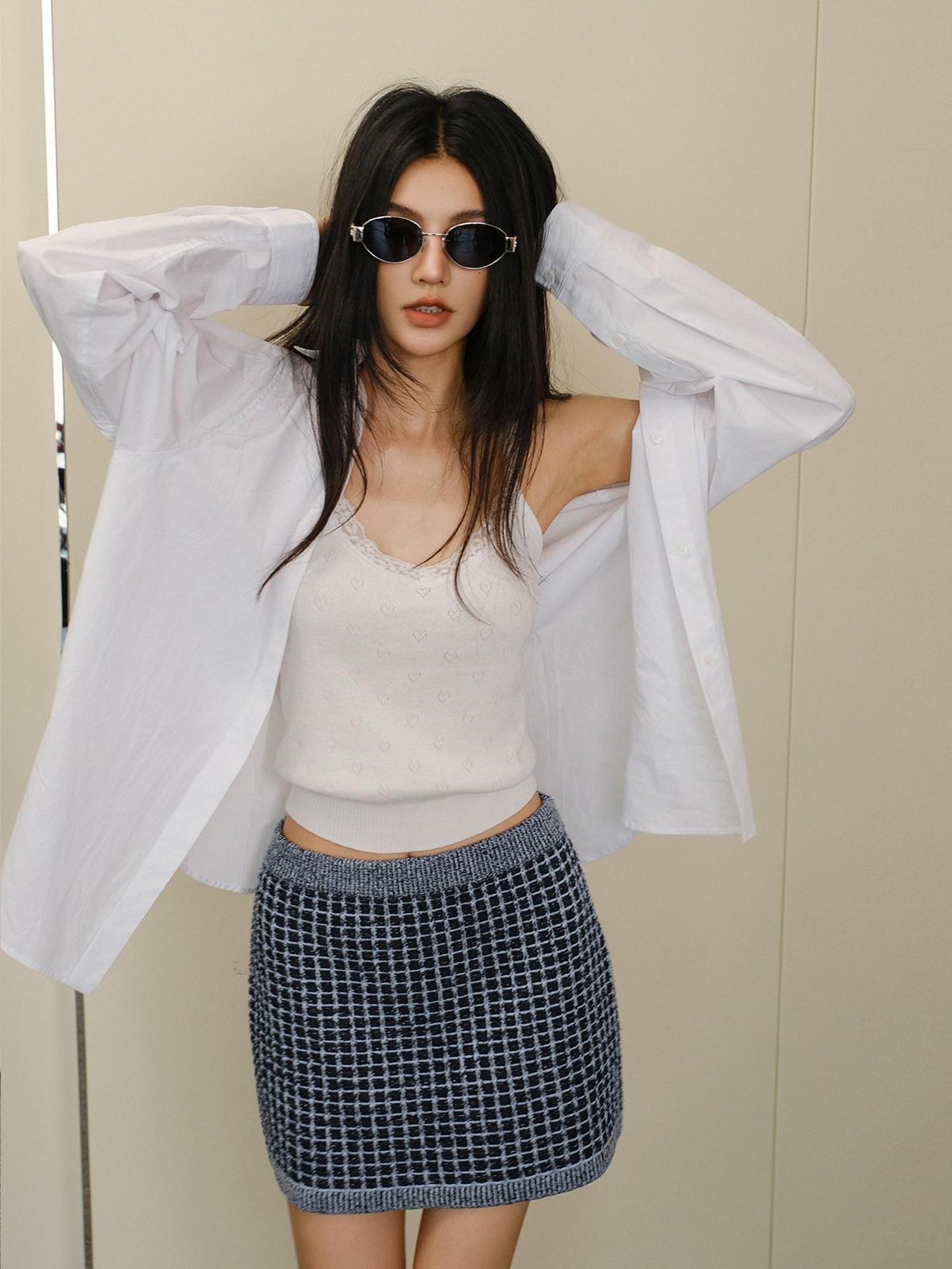 FU FRESH UP White Pleated Button Collar Loose Long Sleeve Women&