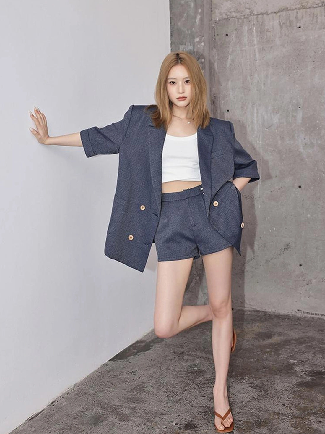 FU FRESH UP Woven Linen V-neck Blazer Shorts Set