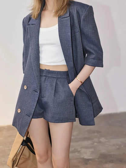 FU FRESH UP Woven Linen V-neck Blazer Shorts Set