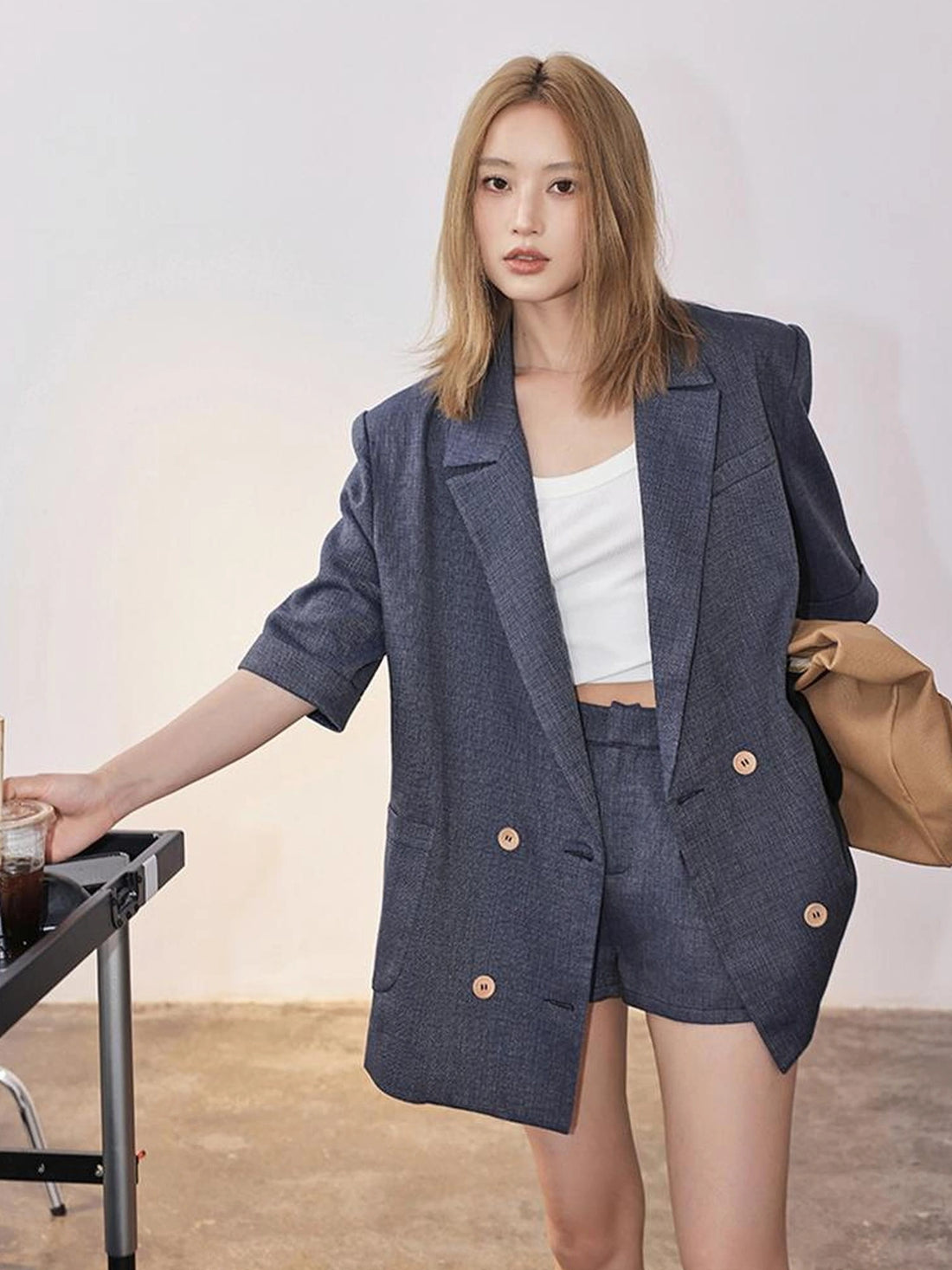 FU FRESH UP Woven Linen V-neck Blazer Shorts Set