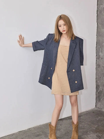 FU FRESH UP Woven Linen V-neck Blazer Shorts Set