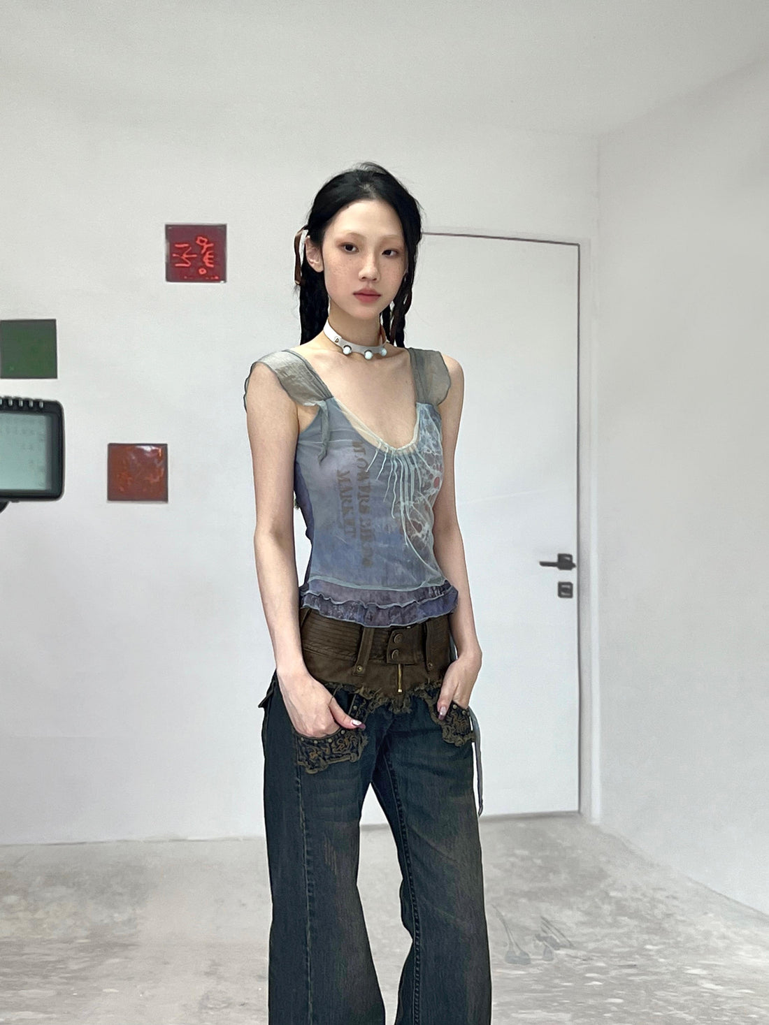 Flowers birds Market Fabric Splicing Printed Mesh Sling