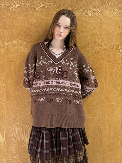 DIDDI MODA Fair Isle Bow V Neck Knit Sweater