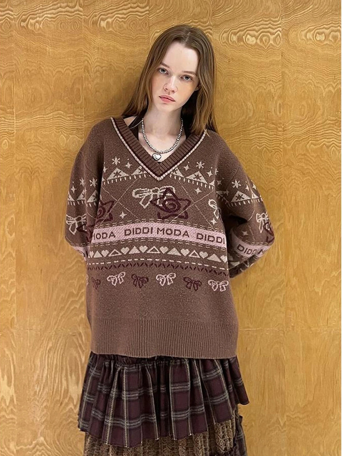 Fair Isle Bow V Neck Knit Sweater