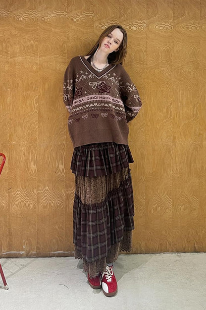 DIDDI MODA Fair Isle Bow V Neck Knit Sweater