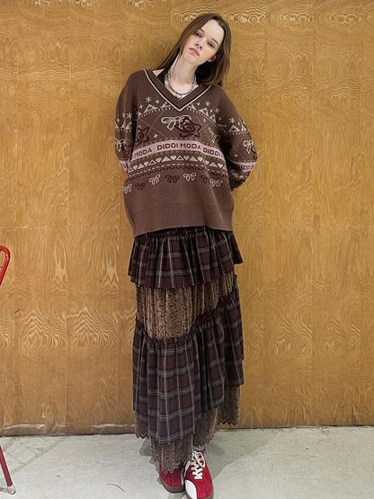 Fair Isle Bow V Neck Knit Sweater