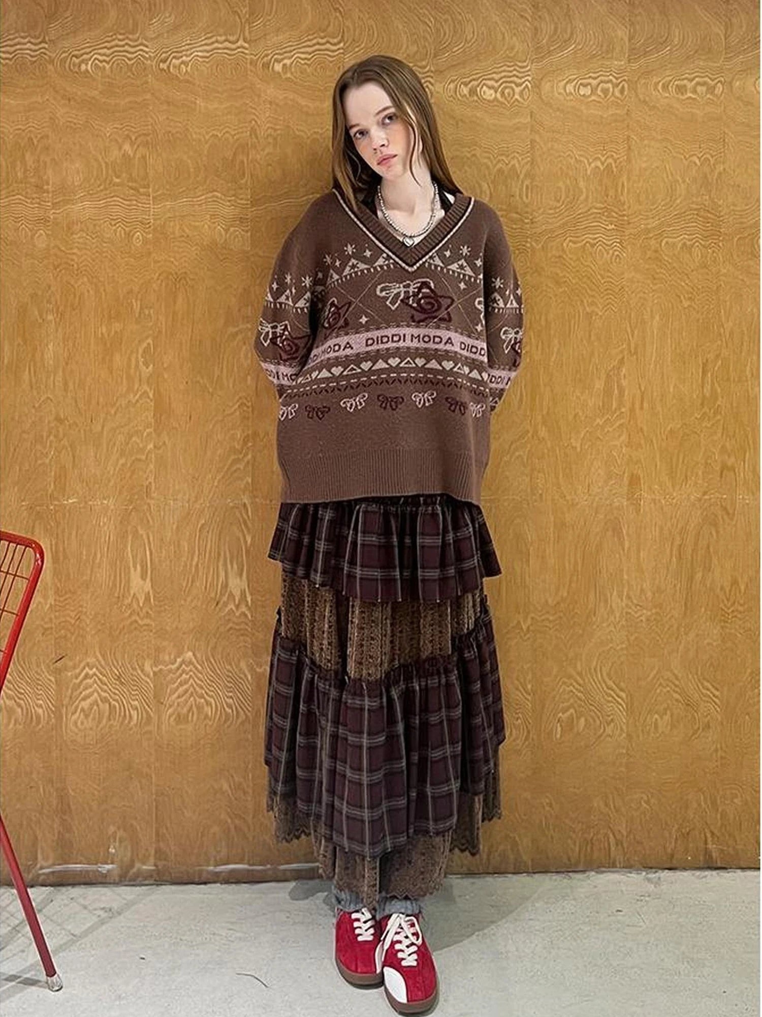 Fair Isle Bow V Neck Knit Sweater