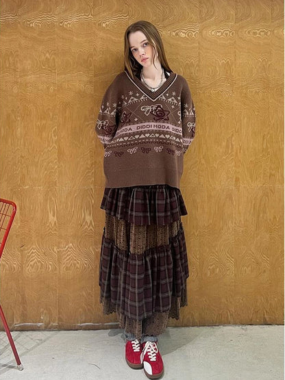 Fair Isle Bow V Neck Knit Sweater