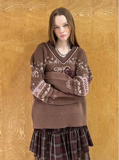 Fair Isle Bow V Neck Knit Sweater