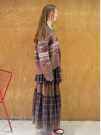 Fair Isle Bow V Neck Knit Sweater