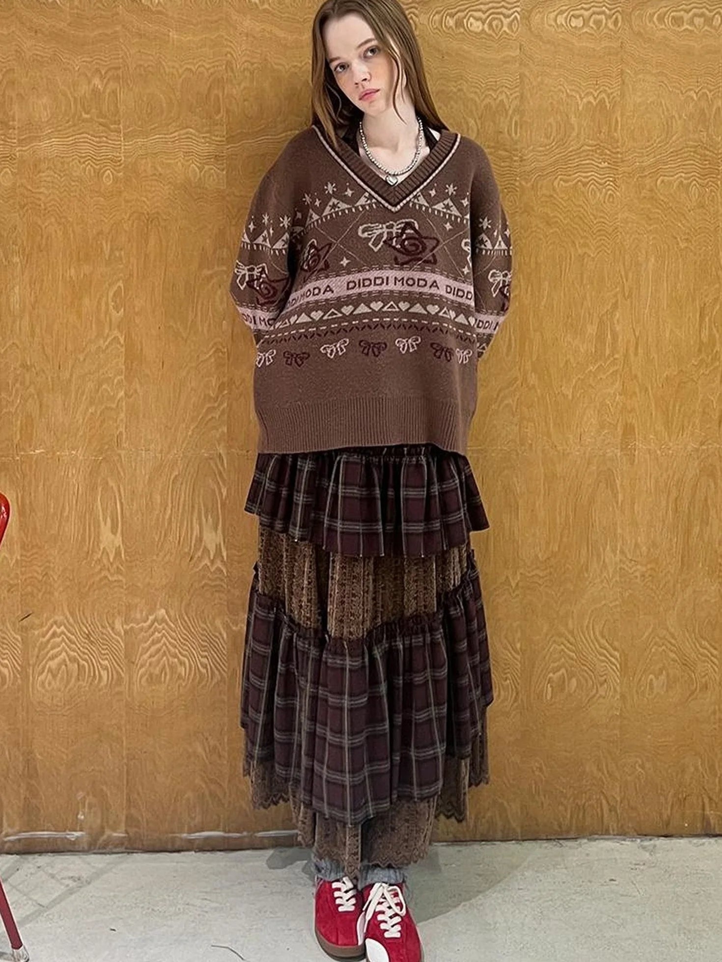Fair Isle Bow V Neck Knit Sweater