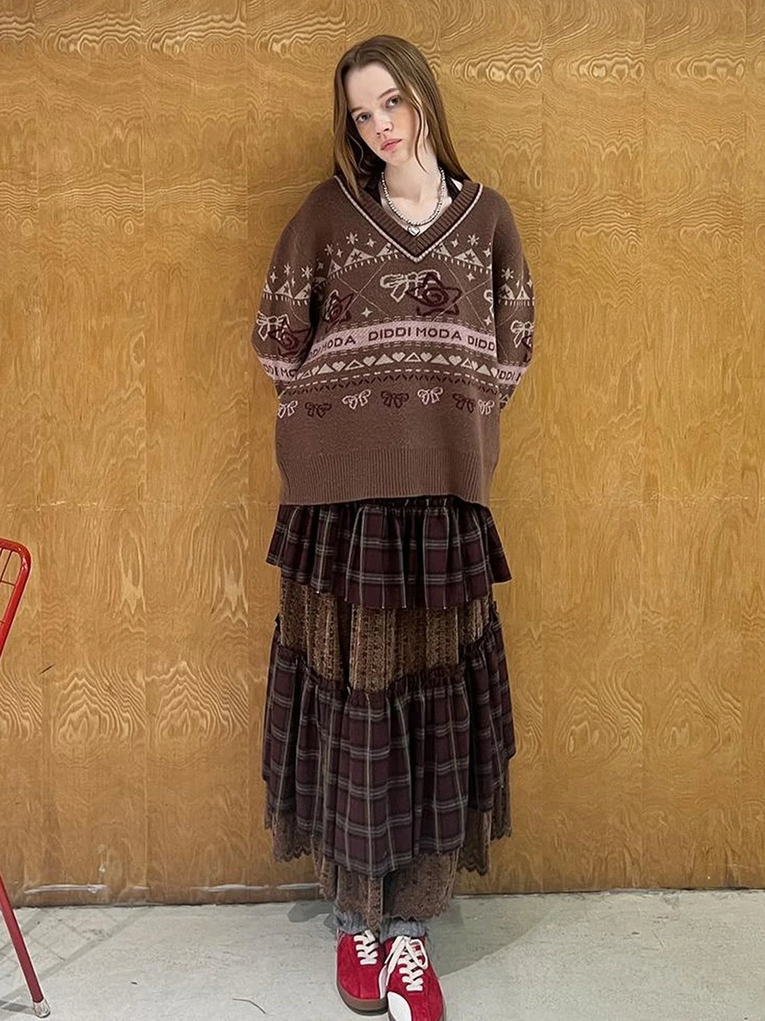 Fair Isle Bow V Neck Knit Sweater