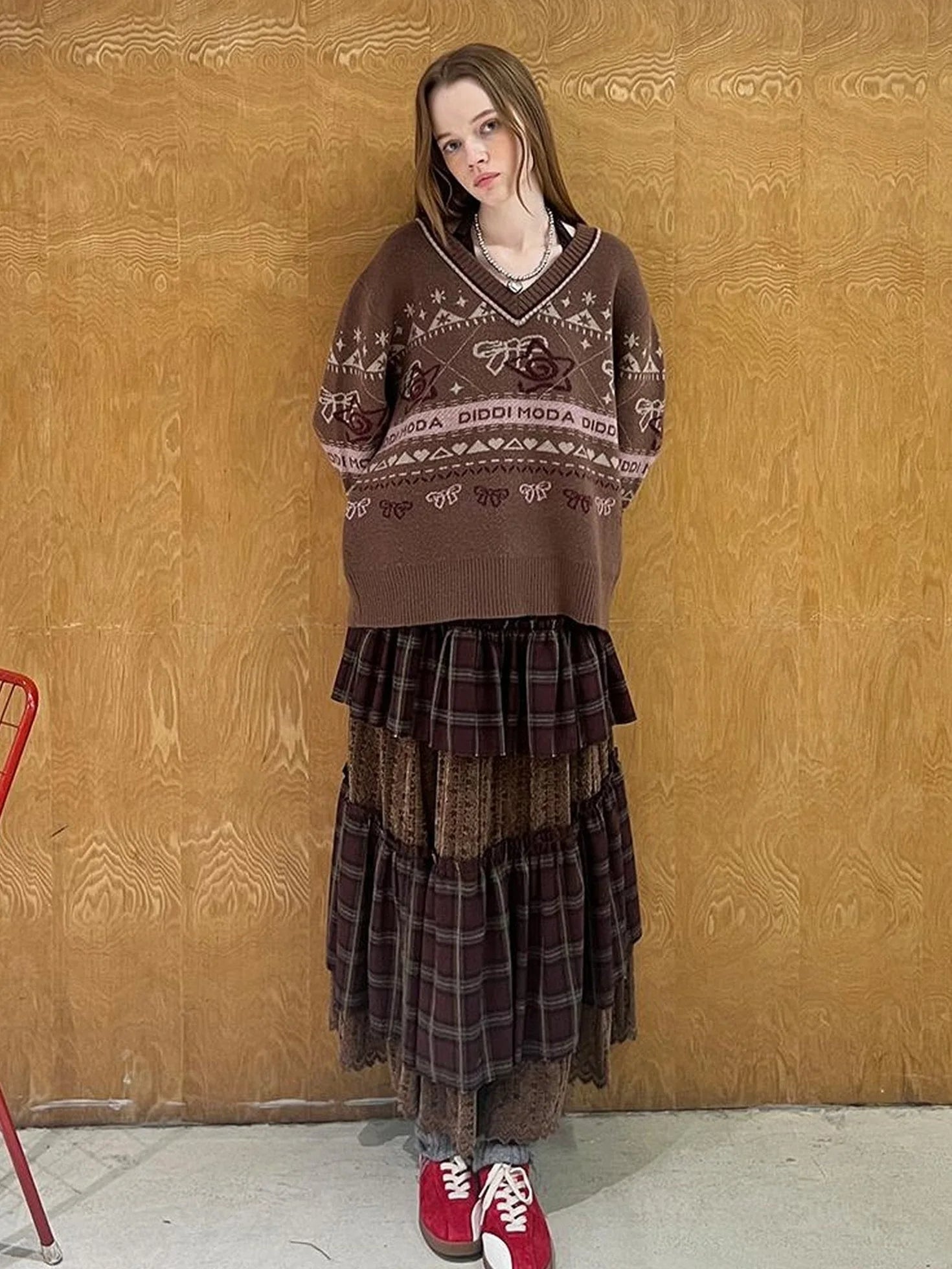 Fair Isle Bow V Neck Knit Sweater