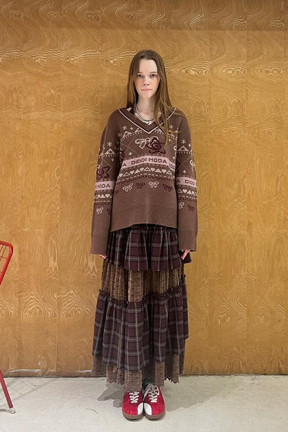 DIDDI MODA Fair Isle Bow V Neck Knit Sweater