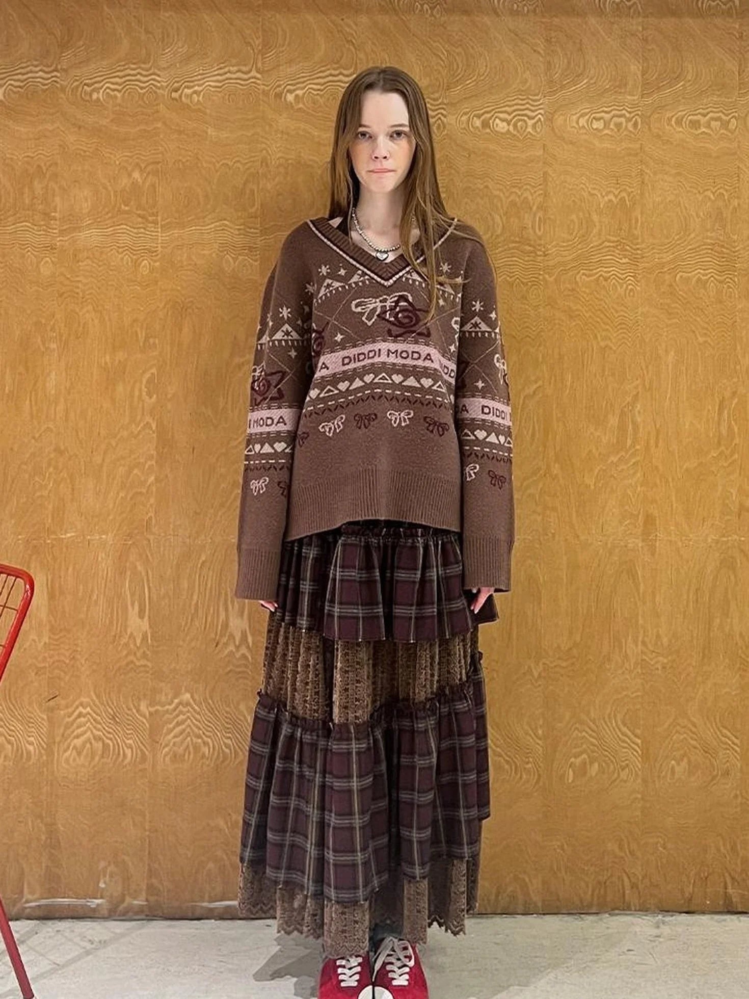Fair Isle Bow V Neck Knit Sweater