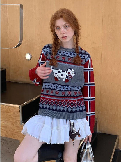 Fair Isle Dog Embroidered Colorblock Sweater