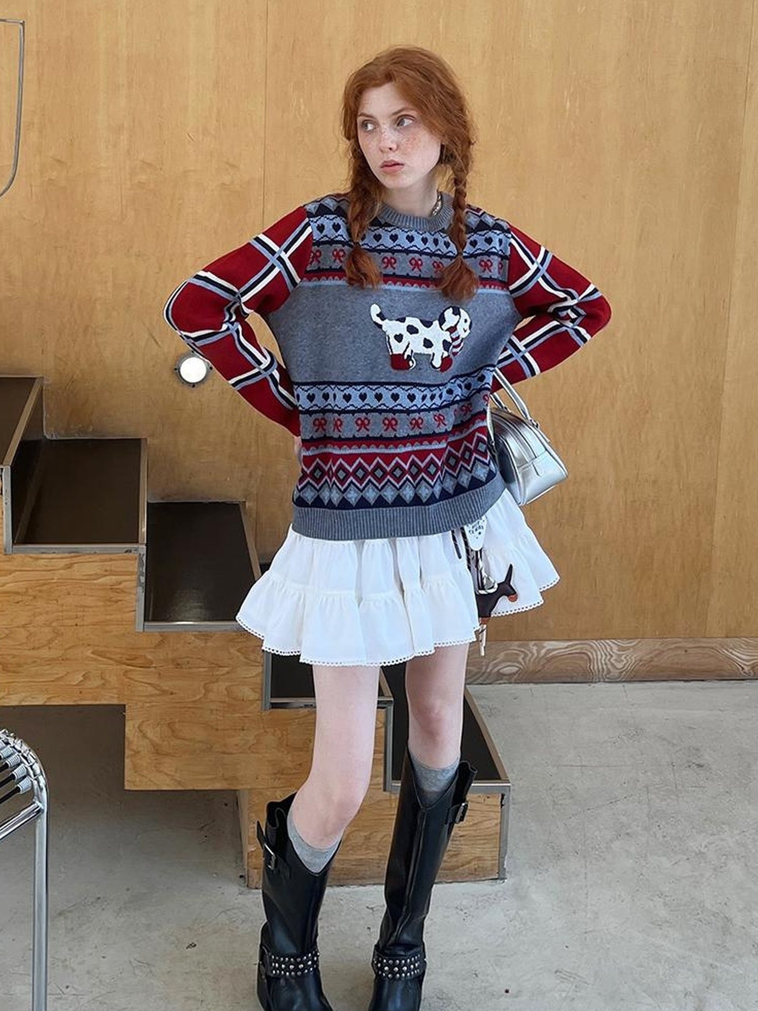 DIDDI MODA Fair Isle Dog Embroidered Colorblock Sweater