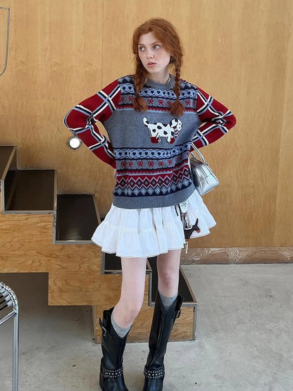Fair Isle Dog Embroidered Colorblock Sweater