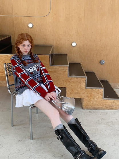 DIDDI MODA Fair Isle Dog Embroidered Colorblock Sweater