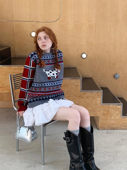 Fair Isle Dog Embroidered Colorblock Sweater