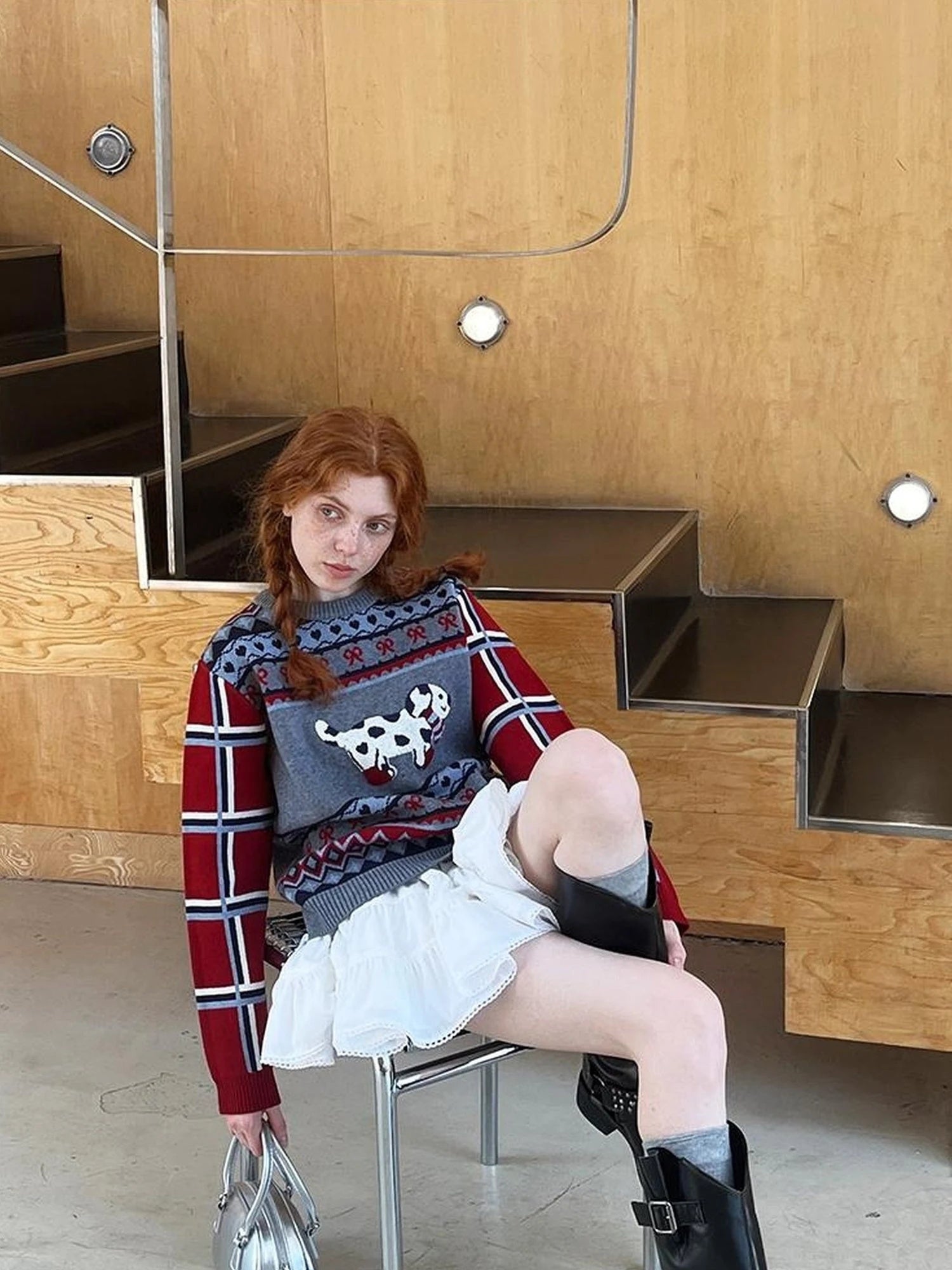 Fair Isle Dog Embroidered Colorblock Sweater