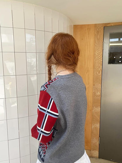 DIDDI MODA Fair Isle Dog Embroidered Colorblock Sweater