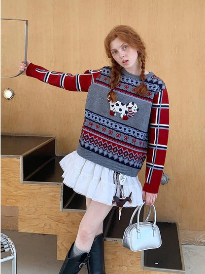 Fair Isle Dog Embroidered Colorblock Sweater