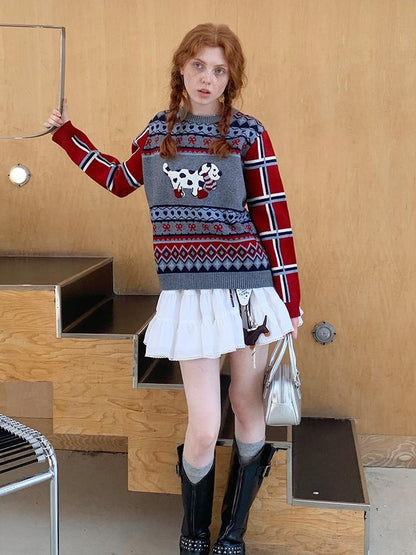 DIDDI MODA Fair Isle Dog Embroidered Colorblock Sweater