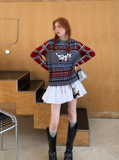 DIDDI MODA Fair Isle Dog Embroidered Colorblock Sweater