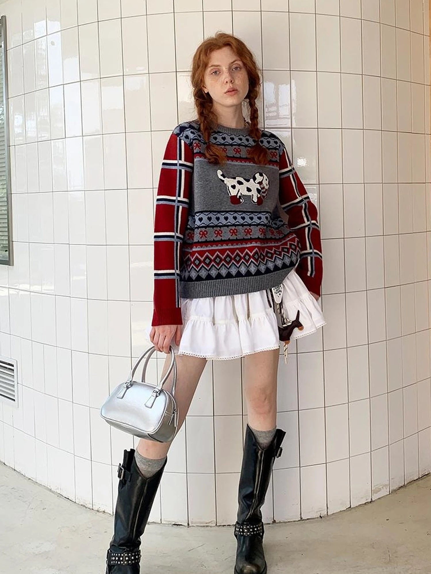 Fair Isle Dog Embroidered Colorblock Sweater