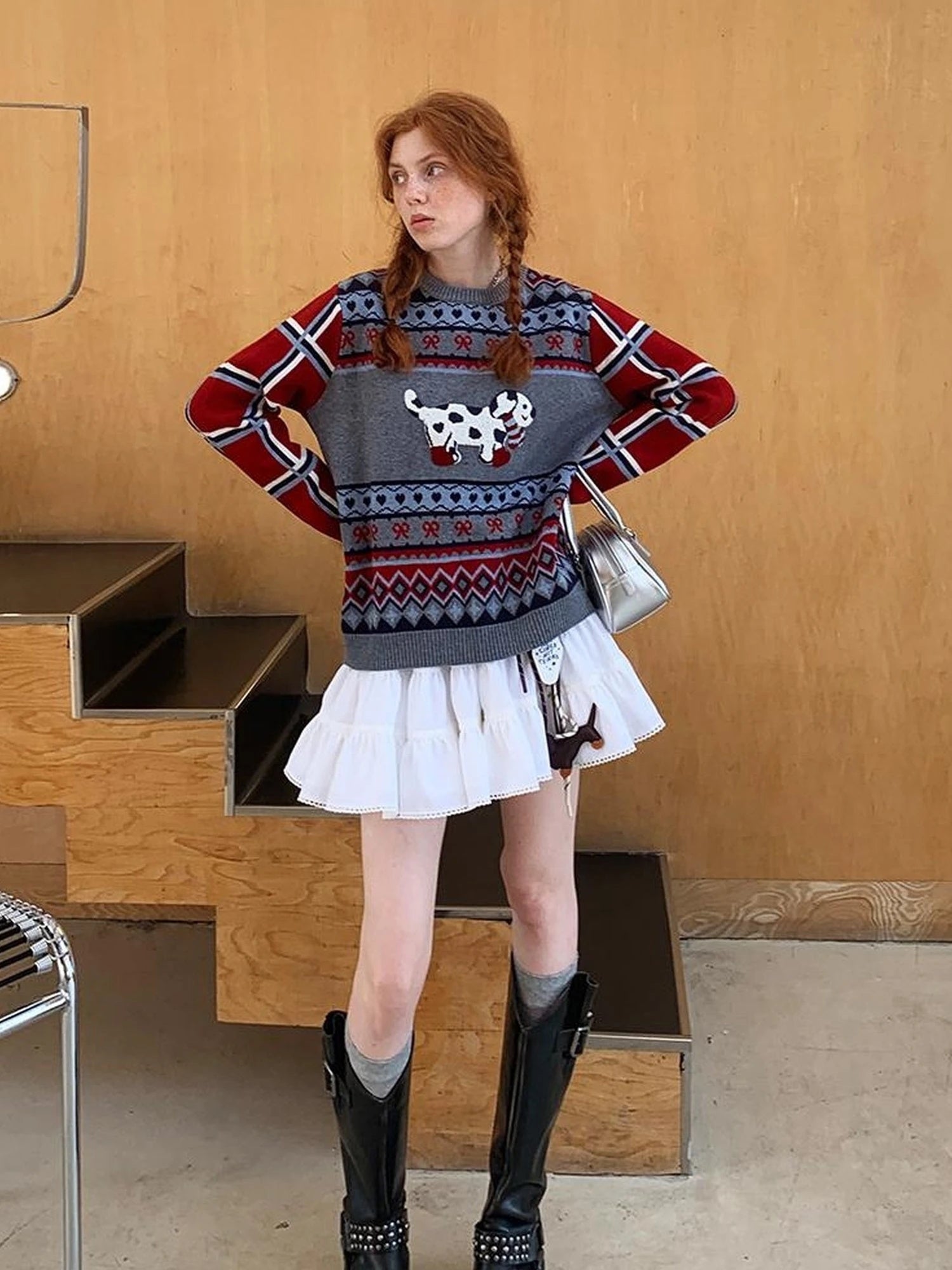 Fair Isle Dog Embroidered Colorblock Sweater