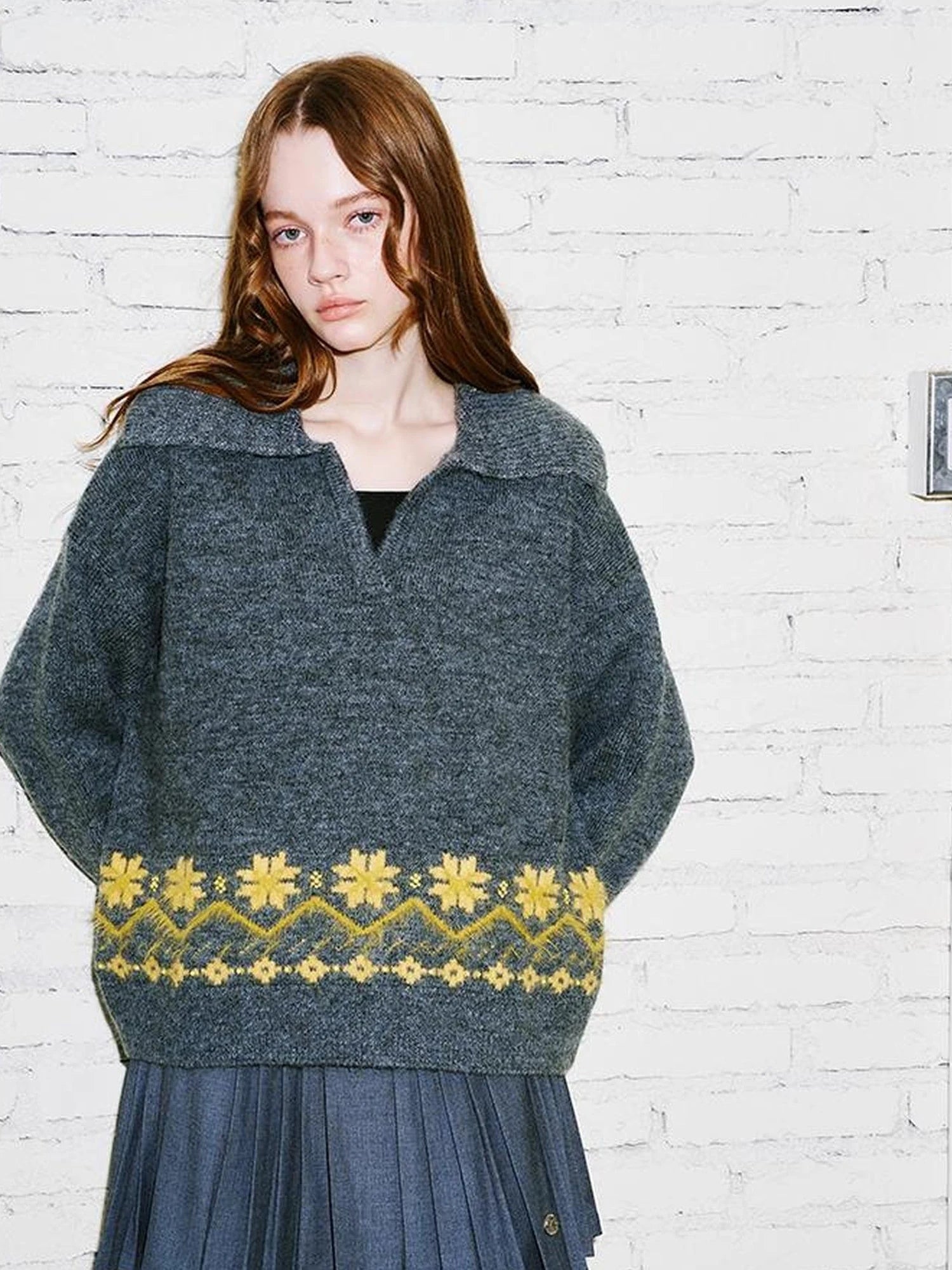 Fair Isle Embroidered Polo Neck Sweater