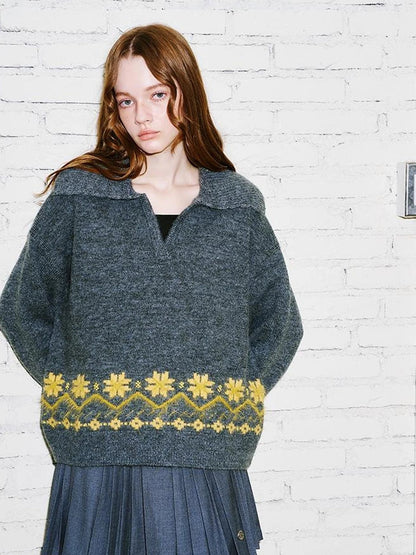 Fair Isle Embroidered Polo Neck Sweater