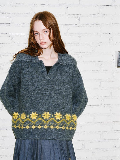 DIDDI MODA Fair Isle Embroidered Polo Neck Sweater