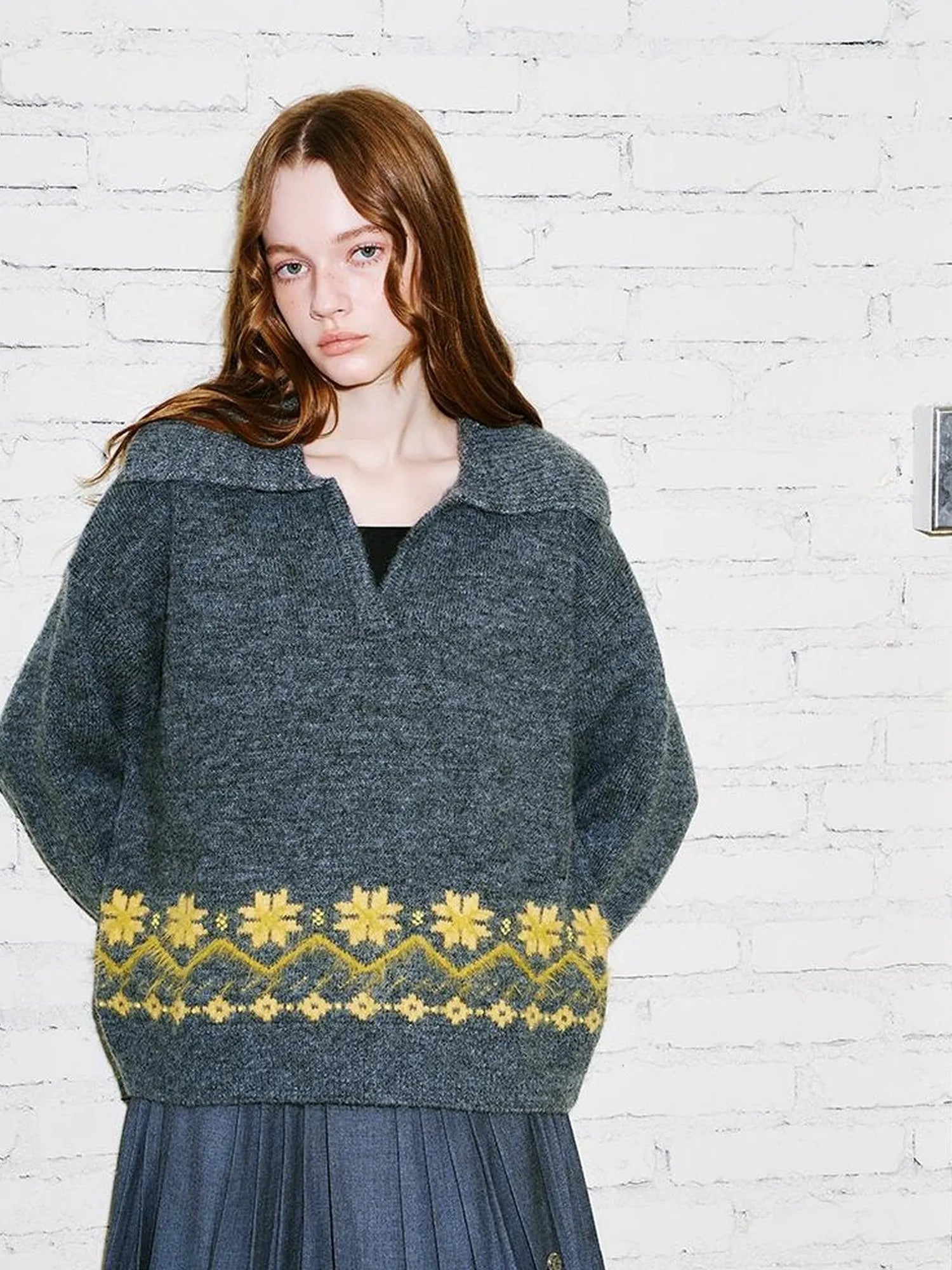 Fair Isle Embroidered Polo Neck Sweater