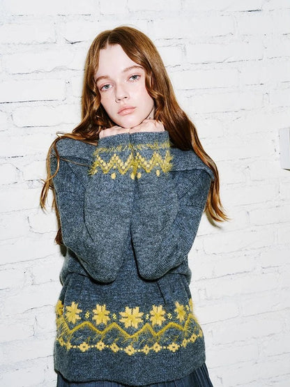 Fair Isle Embroidered Polo Neck Sweater