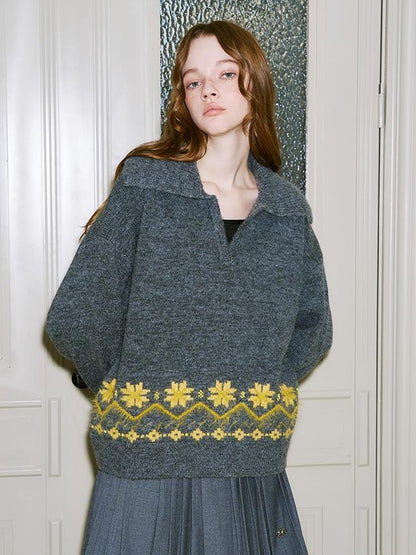 DIDDI MODA Fair Isle Embroidered Polo Neck Sweater