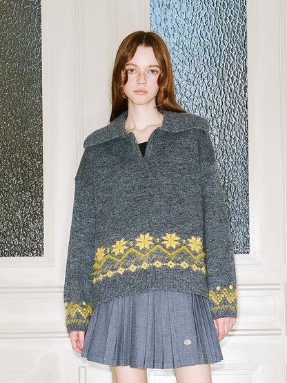 DIDDI MODA Fair Isle Embroidered Polo Neck Sweater