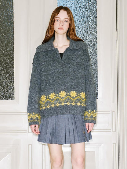 DIDDI MODA Fair Isle Embroidered Polo Neck Sweater