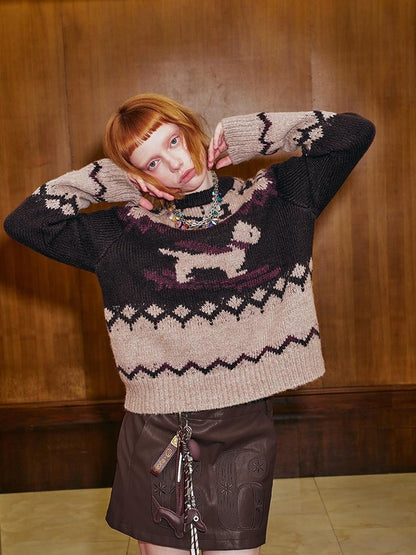 DIDDI MODA Fair Isle Ski Dog Colorblock Knit Sweater