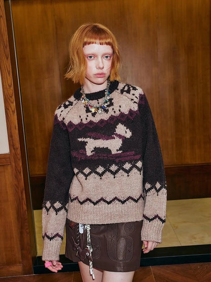 Fair Isle Ski Dog Colorblock Knit Sweater