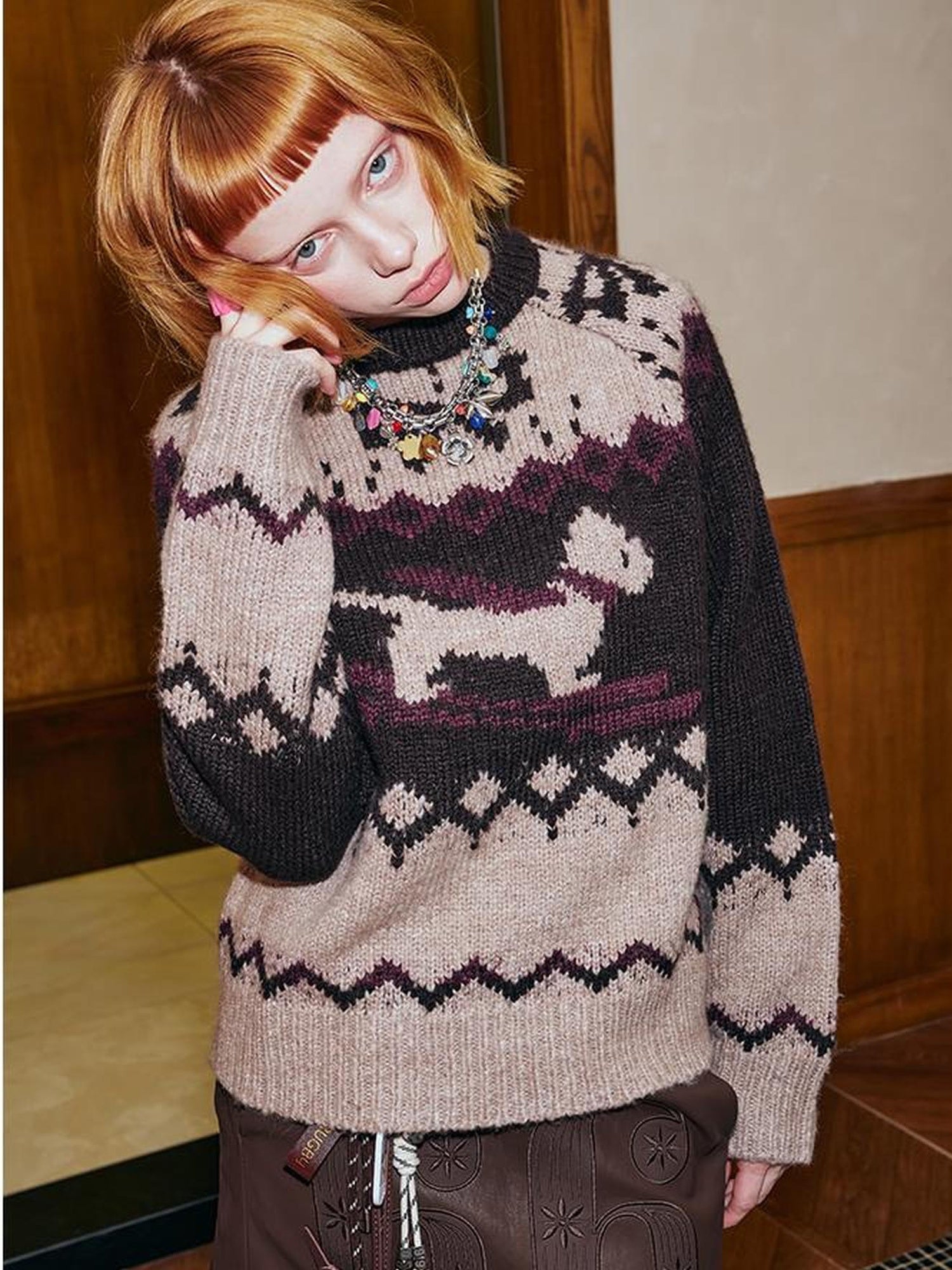 DIDDI MODA Fair Isle Ski Dog Colorblock Knit Sweater