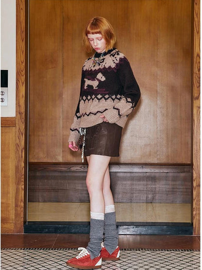 Fair Isle Ski Dog Colorblock Knit Sweater