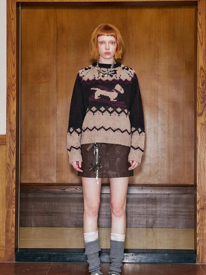 Fair Isle Ski Dog Colorblock Knit Sweater