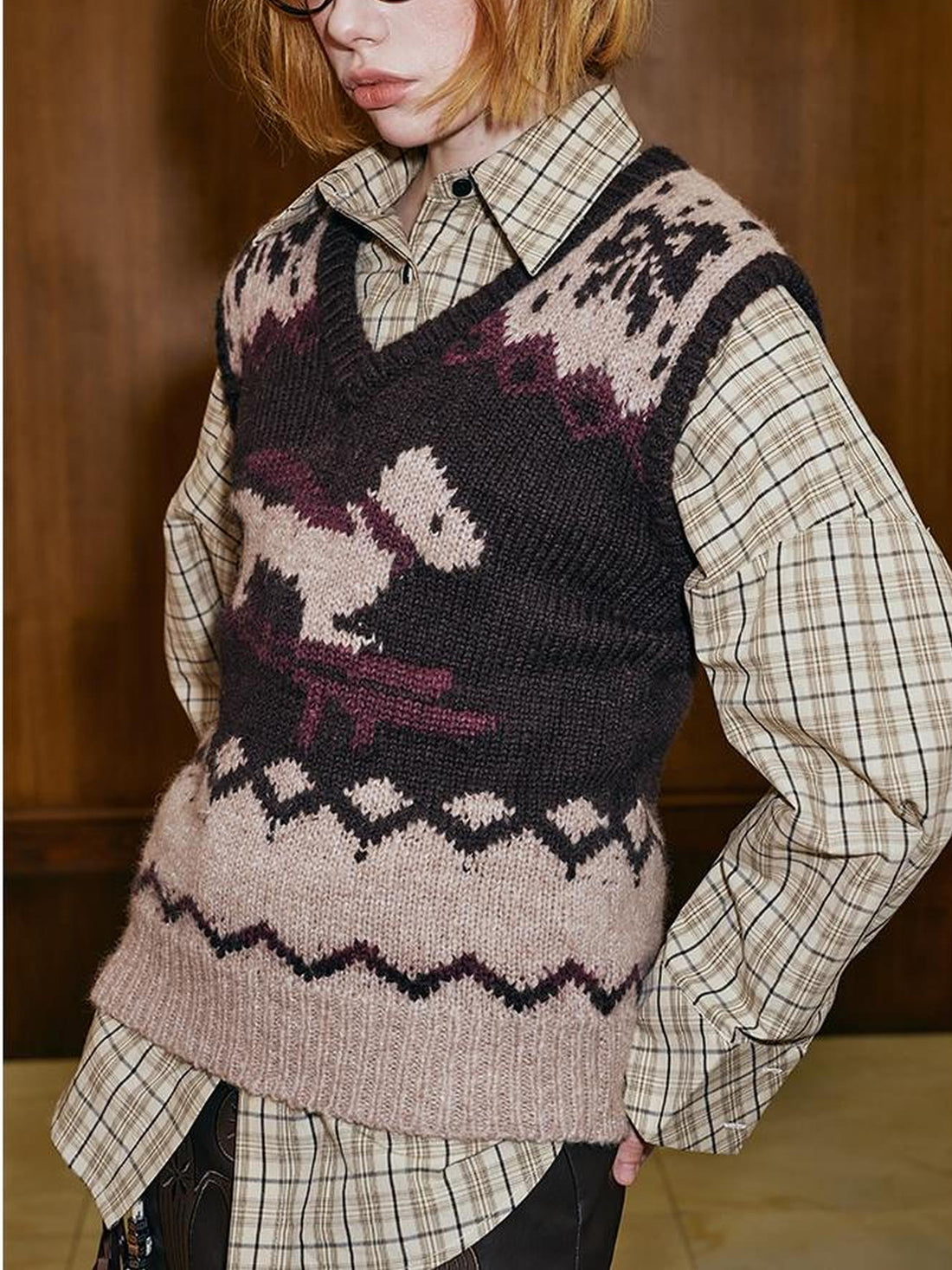 DIDDI MODA Fair Isle Ski Dog V Neck Knit Vest