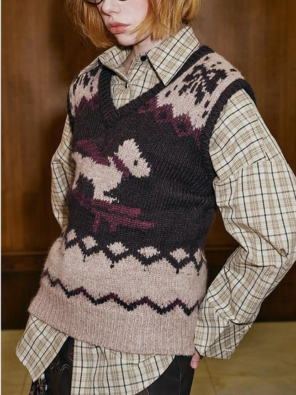 Fair Isle Ski Dog V Neck Knit Vest