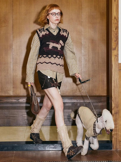 Fair Isle Ski Dog V Neck Knit Vest