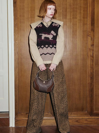 Fair Isle Ski Dog V Neck Knit Vest