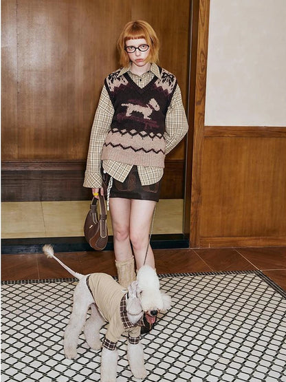 Fair Isle Ski Dog V Neck Knit Vest